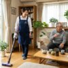 リビングで掃除機をかける訪問介護ヘルパーと、お茶を飲んでくつろぐ老夫婦