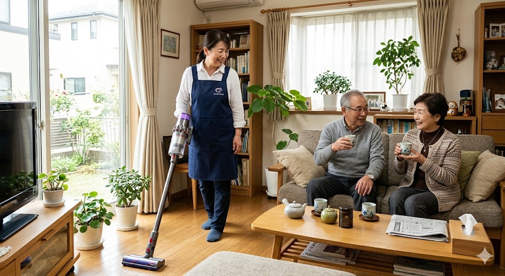リビングで掃除機をかける訪問介護ヘルパーと、お茶を飲んでくつろぐ老夫婦