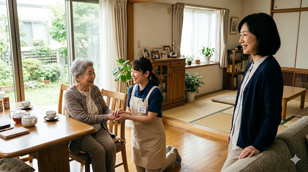 自宅のリビングでヘルパーに介護を任せて安心した表情を見せる50代の娘と、笑顔で過ごす高齢の母