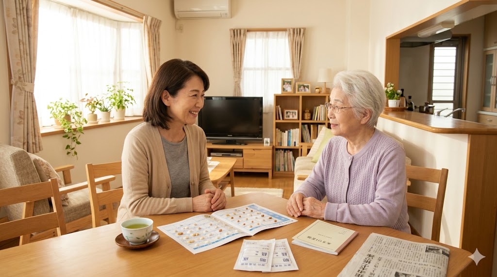 自宅のダイニングで50代の娘と高齢の母親がお薬カレンダーを一緒に確認している穏やかな場面