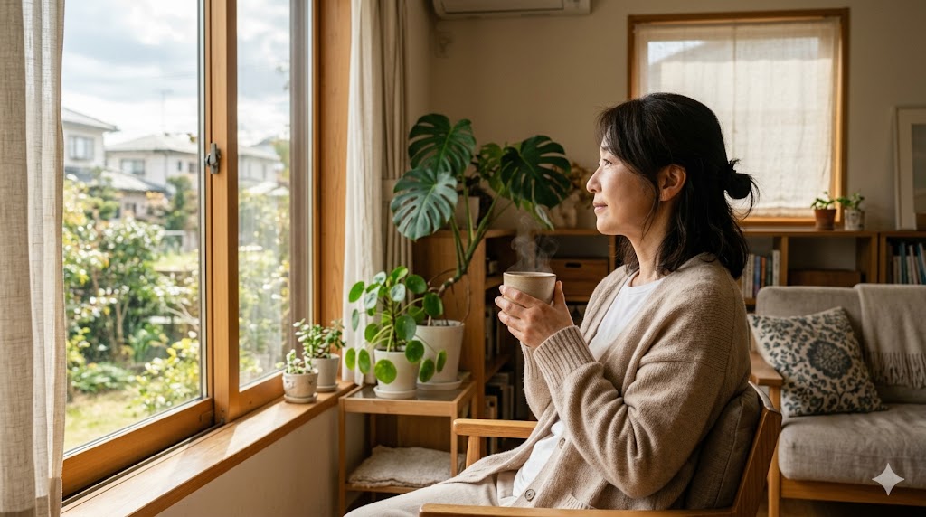 上記と同じ構図・女性。画像の左下に日本語のテキスト「もしかして私も？介護共依存セルフチェック」を、明朝体で控えめに配置。テキストは白背景の半透明な帯の上に、濃い紺色で。ブログサムネイル用に視認性を確保。