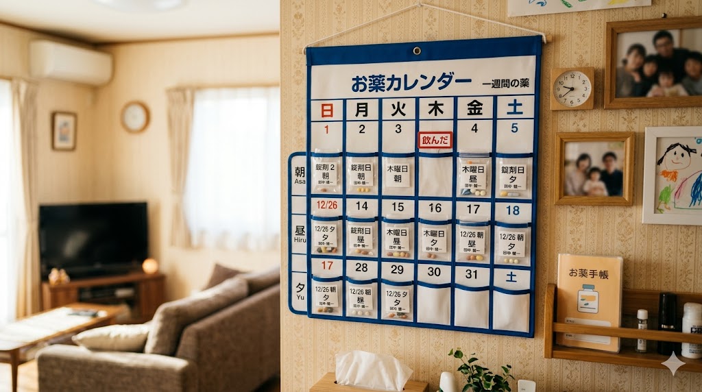 壁掛け式お薬カレンダーに曜日ごとに薬が入っており、今日の分だけが空になっている服薬管理の様子