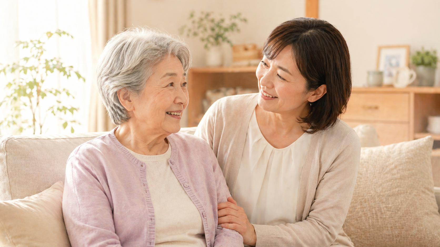 退院後の在宅介護で何から始めればいいか悩む50代女性と高齢の母親