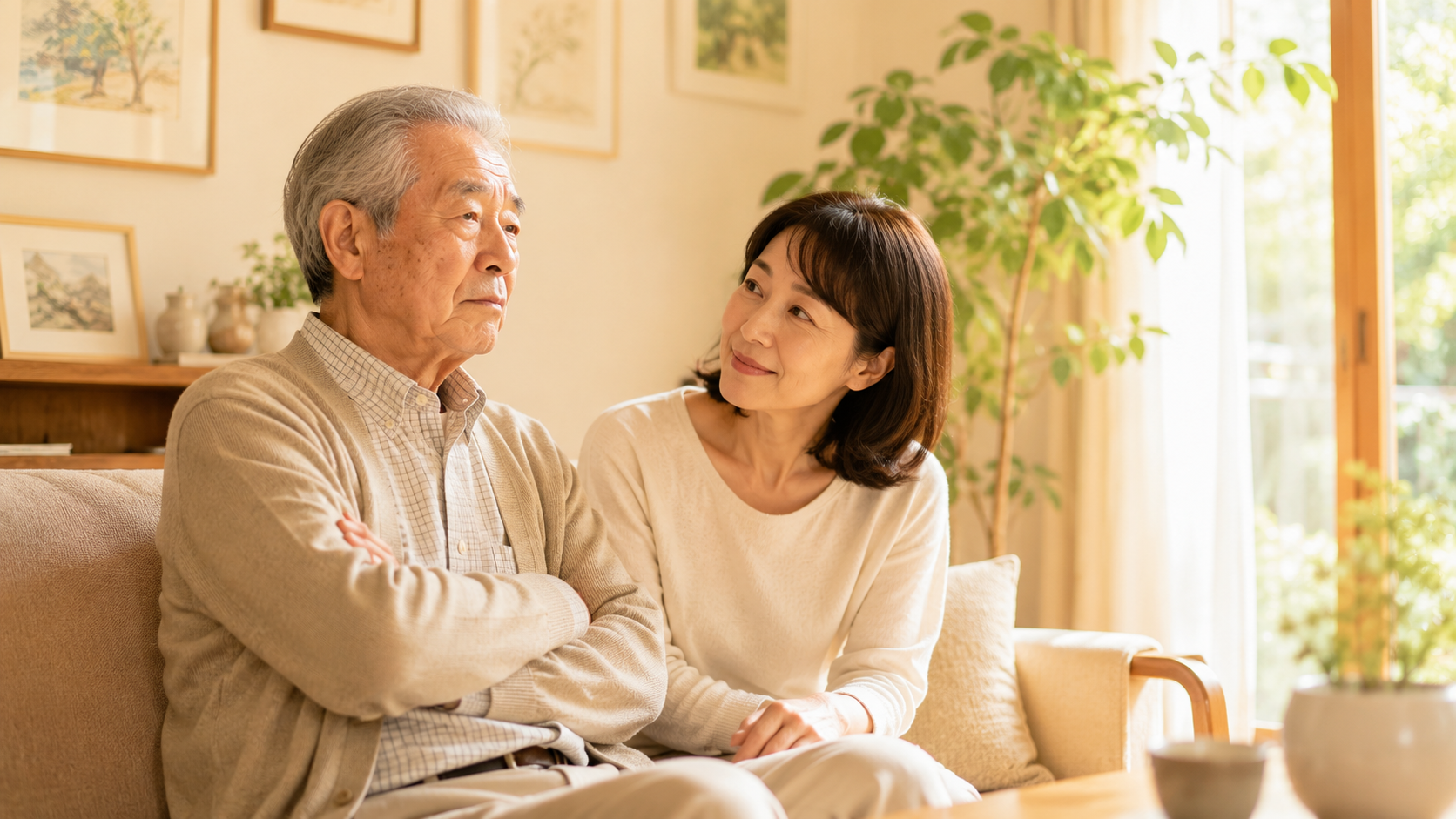 ショートステイを嫌がる父親に優しく話しかける娘