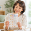 お薬カレンダーを手に持ち、ほっとした表情で微笑む50代の日本人女性。明るいリビングで自然光が差し込む中、朝・昼・夜・就寝前に仕分けされた一包化された薬が並んでいる。