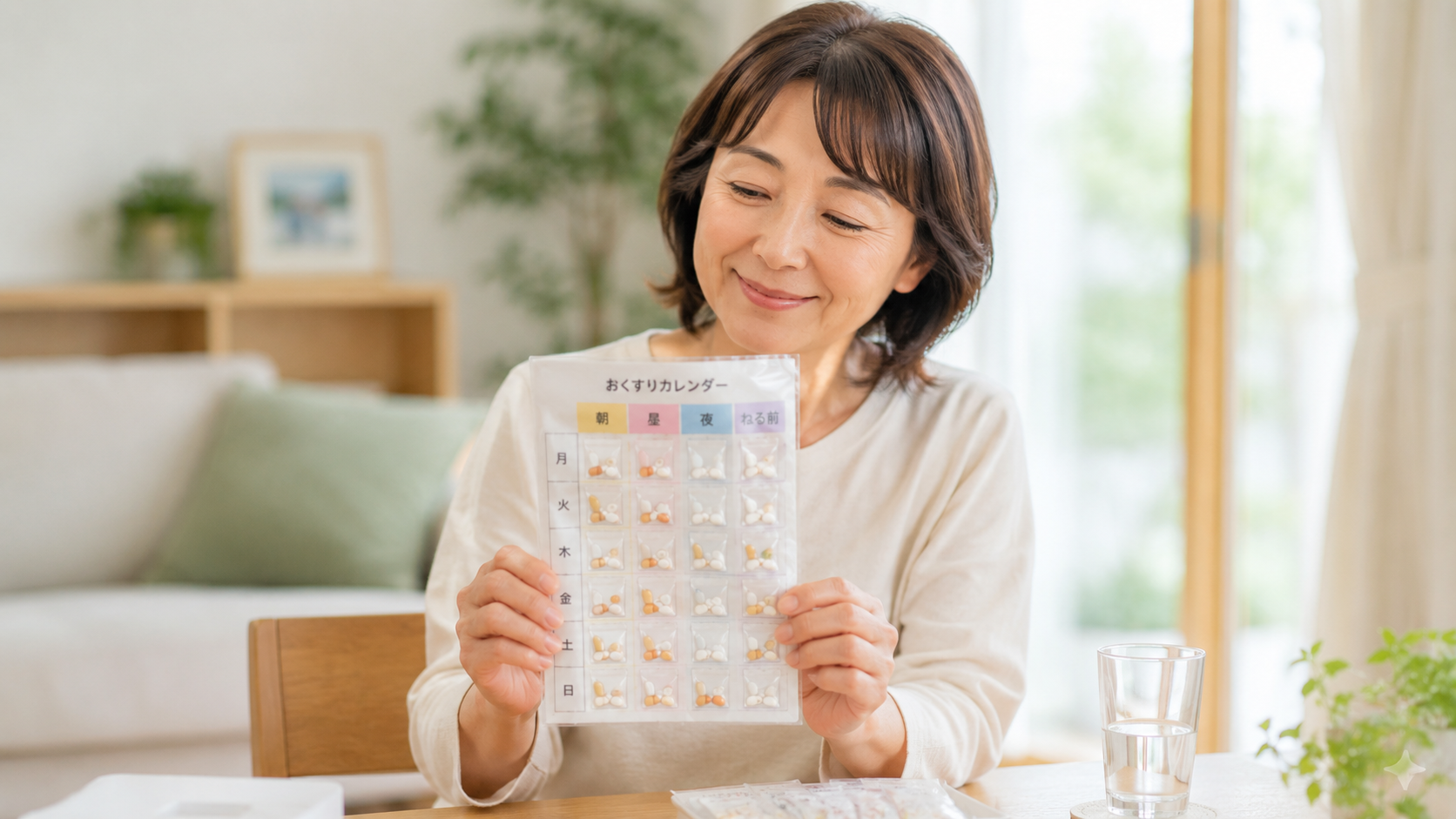 お薬カレンダーを手に持ち、ほっとした表情で微笑む50代の日本人女性。明るいリビングで自然光が差し込む中、朝・昼・夜・就寝前に仕分けされた一包化された薬が並んでいる。
