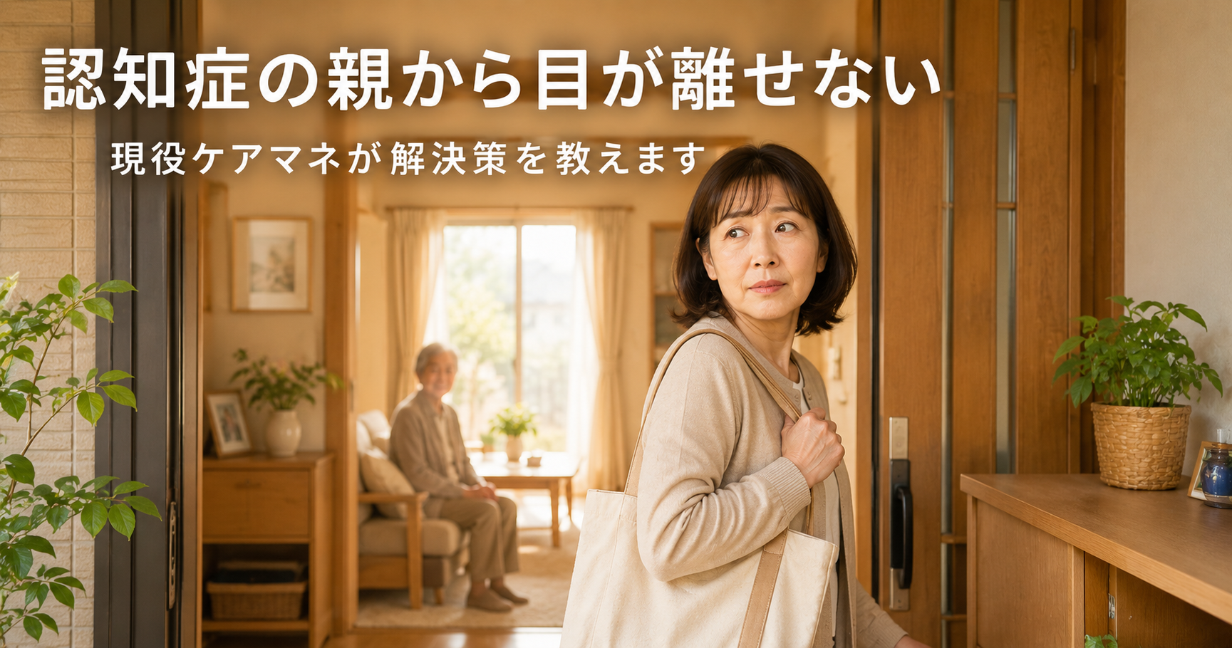 出かけようとして振り返る50代の娘と、奥のリビングに座る高齢の親