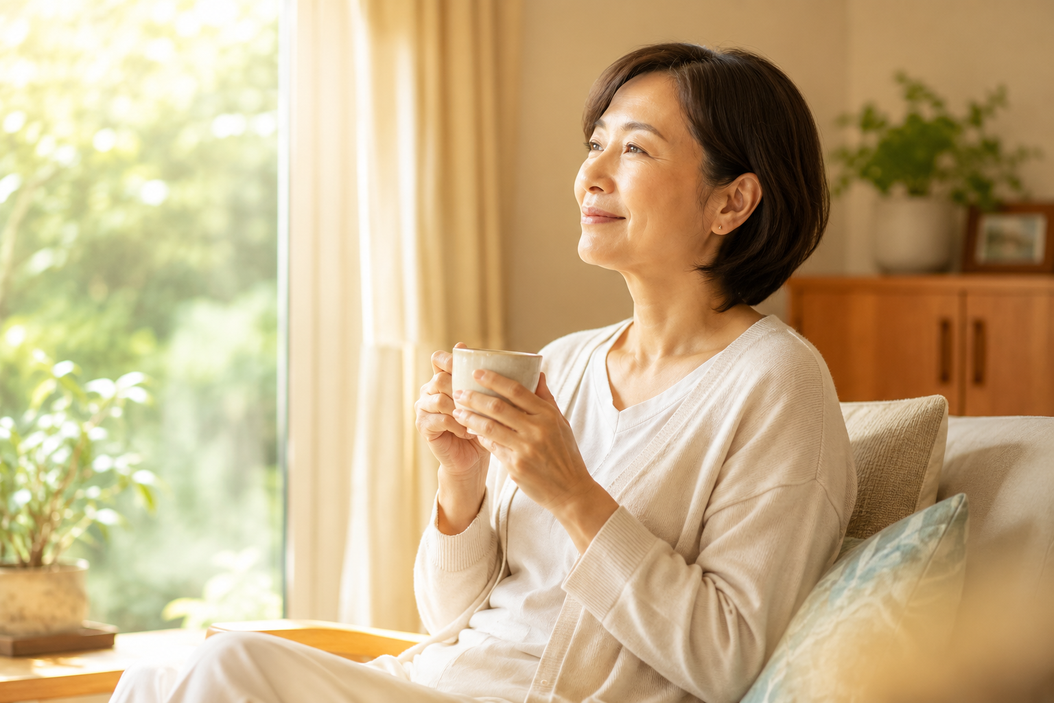 介護の不公平感から解放された50代女性が窓辺でお茶を飲んでいる様子