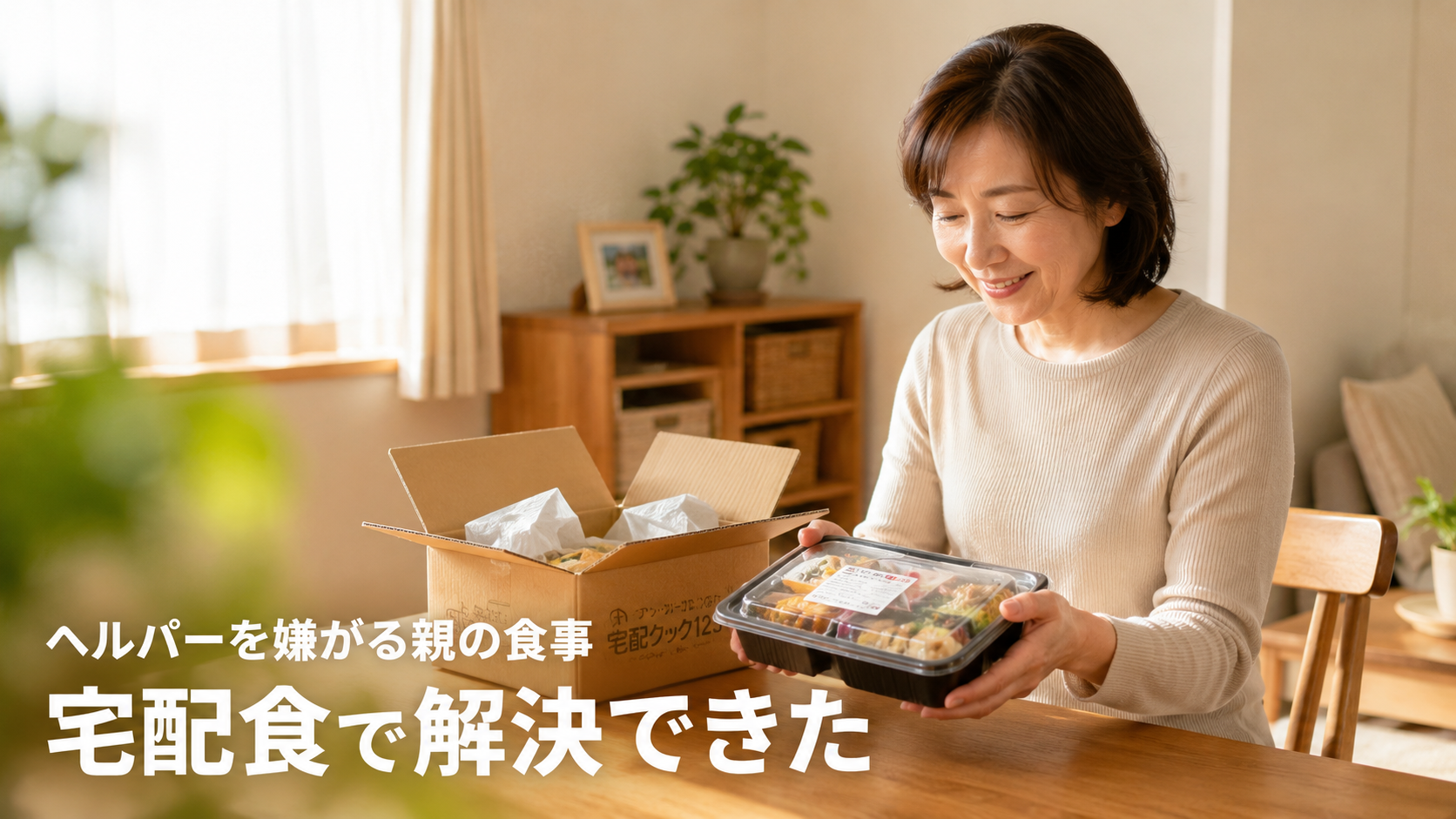 ヘルパーを拒否する親の食事問題を宅配食で解決した娘がほっとしている様子