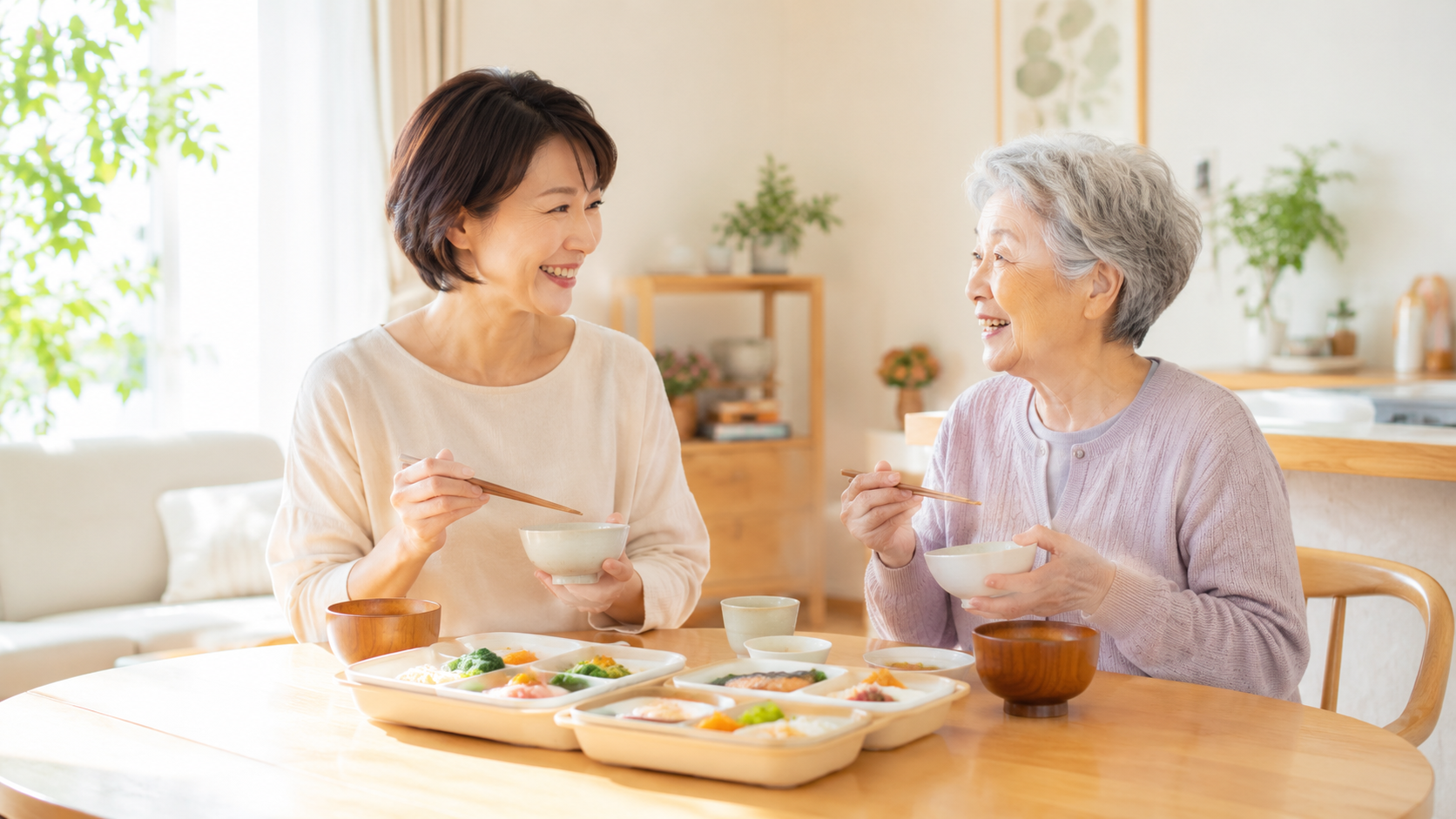 一人暮らしの高齢の母親と娘が、自宅のダイニングで宅配食を一緒に食べながら笑顔で話している様子